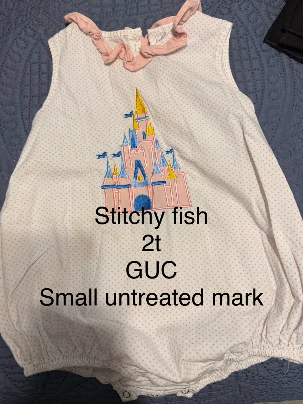 Girls White Bubble Romper with Pink Castle Embroidery